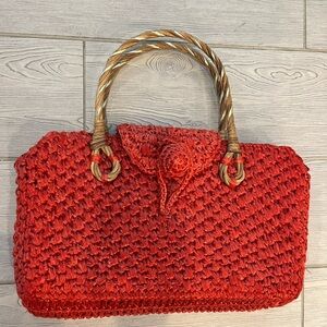 Little Red Baguette 🎼 Crocheted Raffia Bag with Wood Handles